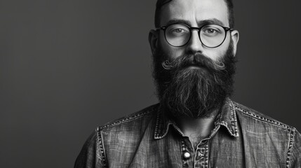 Wall Mural - This is a black and white portrait of a beard man wearing a denim shirt and glasses. There is a space for your text.