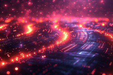 Poster - An abstract digital image with a sweeping pattern of red and blue lighted dots symbolizing network data flow
