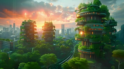 Aufkleber - A modern city with futuristic architecture nestled among lush trees and surrounding buildings.