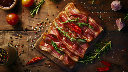 Aufkleber - bacon slice fresh meat strips pork cooking appetizer meal food snack on the table copy space food background rustic top view : Generative AI