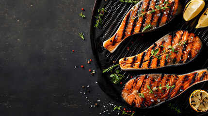 Wall Mural - Grilled salmon fillets steaks with salt pepper and herb on grill Gray background Top view Copy space : Generative AI