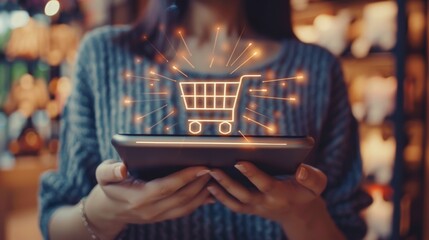 Poster - Image of a girl holding a tablet and touching the shopping cart icon. Online shopping concept.