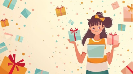 Poster - This image shows a girl holding a tablet and displaying a gift icon. She is using an online service to choose, buy, or send a gift.