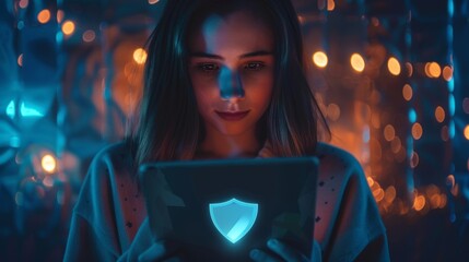 Poster - An image depicts a girl holding a tablet and an icon of a shield. Data privacy, online security, protection concept.