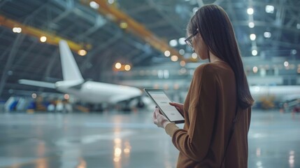 Poster - Travel concept, business flights, airplane deliveries of cargoes and goods, logistics. Female holding tablet with aircraft icon.