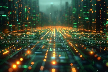 Poster - This image presents a cityscape made of digital circuits in green and orange hues symbolizing tech growth