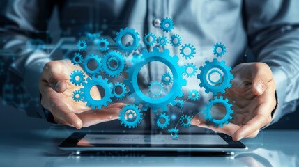 Poster - setup and support concept. a person touches a gear icon. he holds a tablet computer that offers many