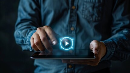 Poster - A man holds a tablet computer in his hands, and his finger is on the power button icon. It conveys the idea of ON and OFF.