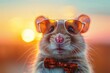 A whimsical portrait of a cute mouse wearing sunglasses and a bow tie with the warm glow of sunset in the background
