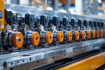 Poster - The photograph shows precise industrial machinery at work with multiple orange spools during the manufacturing process