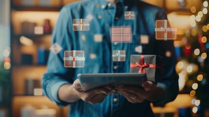 Poster - A man holds a tablet and a gift icon. He chooses, buys or sends a gift online.
