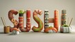 A creative and appetizing display of sushi-themed letters spelling out 'SUSHI' accompanied by realistic sushi pieces and chopsticks, ideal for food and culinary presentations.