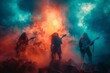 © Larisa AI - An electrifying rock performance enveloped in a mesmerizing blue and red haze, highlighting the dynamic essence of the music