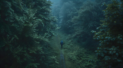 Wall Mural - High angle view of a lonely man walking throght the forest on a rainy day with copy space : Generative AI