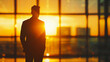 Investor silhouette with gold glow, sunrise, backlit, sharp silhouette, vibrant color