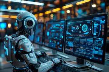 Poster - Artificial intelligence robot with a futuristic design is managing security operations on a high-tech control panel