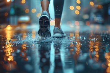 A woman is running in the rain with her feet splashing in puddles