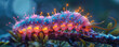 A neon caterpillar with glowing spines perched on a branch, sparkling with dew at twilight.