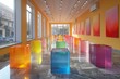 Artistic installation with rows of colorful transparent blocks in a bright gallery space
