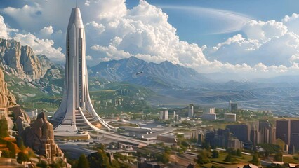 Aufkleber - Modern cityscape surrounded by towering mountains and thick clouds.