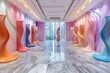 Vibrant, wave-like sculptures line a sleek gallery, leading to a city view
