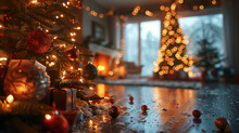 Traditional Christmas Scene, Warmly Lit Room With Festive Decorations, A Beautifully Adorned Tree, Family Holiday Spirit, Soft Bokeh Lights