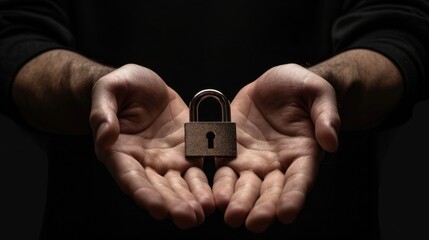 Poster - Locked palms of human on black isolated background. Concept of cyber security.