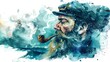 Dreaming of the sea. Watercolor illustration with lettering. Bearded sailor with tobacco pipe and smoke cloud.