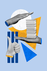 Poster - Vertical creative picture collage human hands showing thumb up 3d arms book stack knowledge academic year concept library bookstore sale