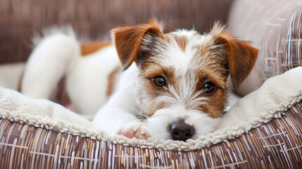 Aufkleber - Wire Haired Jack Russell Terrier puppy in the dog bed looking at the camera Small rough coated doggy with funny fur stains resting in a lounger at home Close up copy space background : Generative AI
