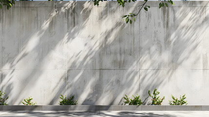 Poster - Long old concrete wall covered with white plaster at city street Cement fence exterior with copy space and mockup : Generative AI