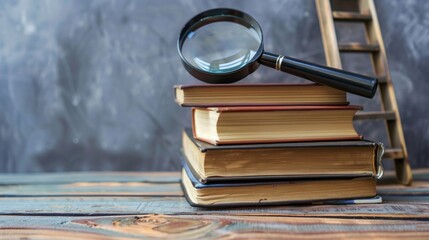 Poster - A stack of books with a ladder and magnifier on a desk, representing education, learning, and career development.