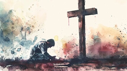Man praying on the cross in the field. Digital watercolor painting