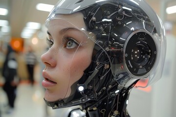 Poster - A sophisticated robotic head with a camera lens offers a glimpse into advanced artificial intelligence and future tech