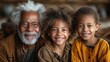 Elderly man with white hair and two children smiling. Close-up portrait with warm tones.