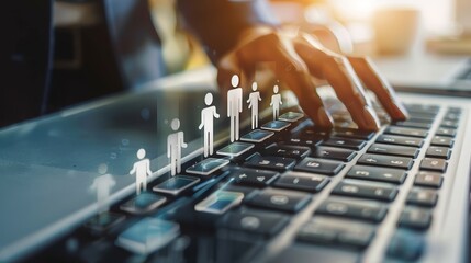 Poster - The fingers of a human climbing the staircase of keys on a laptop keyboard. E-learning concept, online course, webinar.