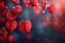 Beautiful Red Leaves Shaped Like Hearts Adorned With Water Beads On A Blurred Background