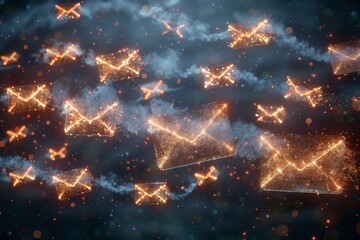 Poster - Digital illustration of sparkling golden envelopes drifting in a nebulous space with a cosmic vibe