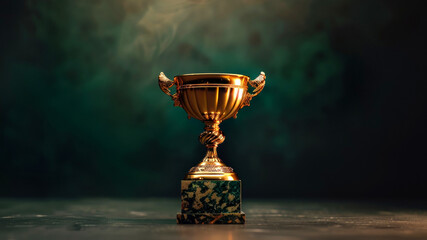 Wall Mural - elegant golden trophy cup on green smoky background, symbol of victory and achievement