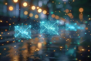 Poster - Artistic depiction of bright blue digital envelopes on a blurred background with an ethereal, tech-inspired atmosphere