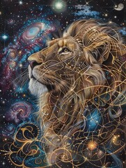 Poster - Ethereal Lion Weaving Celestial Tapestry in Cosmic Galaxy