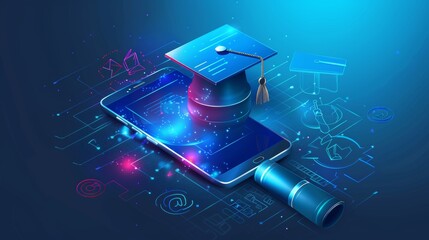Poster - The abstract collage shows a smartphone with the diploma icon. The concept is online education.