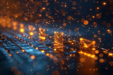 Poster - Mesmerizing blue sparkles surround glowing envelopes on a computer keyboard, symbolizing advanced electronic communication