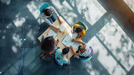 Poster - Top view of group of students sitting together at table University students doing group study : Generative AI