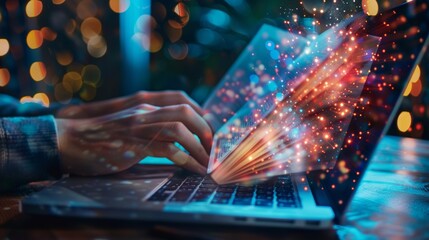 Poster - An abstract collage with a laptop and human hands holding an open book illustrates an online education concept.