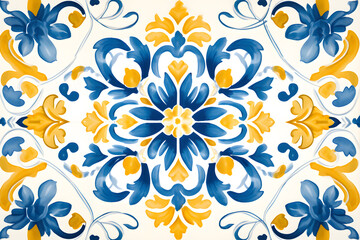 Pattern of Portuguese azulejos tiles. Rustic blue and yellow tile watercolor seamless pattern