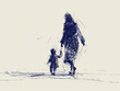 Hand drawn sketch illustration of mother and child