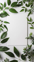 Wall Mural - top view of green leaves and white card with copy space