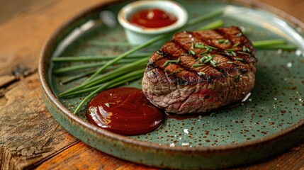 Wall Mural - Grilled beef filet mignon with chives and ketchup on a green plate served on a wooden table
