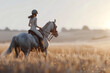 A young girl elegantly rides a horse in an equestrian sports setting, showcasing her riding skills and the bond between horse and rider in a serene outdoor environment.